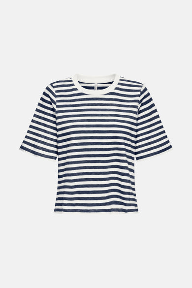 Blauw gestreept T-shirt met korte mouwen van ONLY®, met marineblauwe en witte horizontale strepen.
