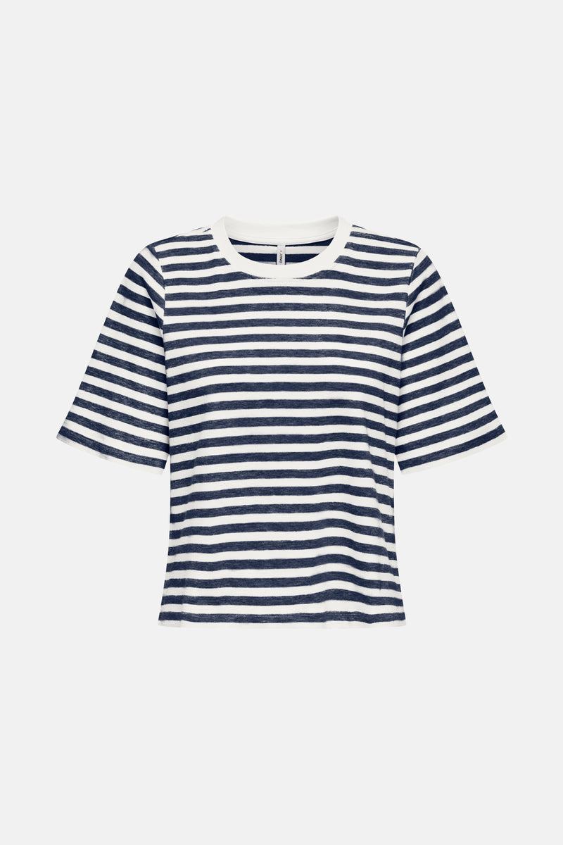 Blauw gestreept T-shirt met korte mouwen van ONLY®, met marineblauwe en witte horizontale strepen.