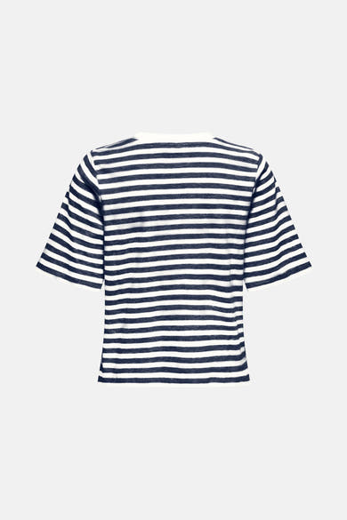 T-shirt à manches courtes bleu rayé by ONLY®, avec des rayures horizontales bleu marine et blanches.