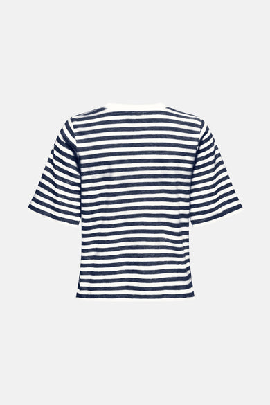T-shirt à manches courtes bleu rayé by ONLY®, avec des rayures horizontales bleu marine et blanches.
