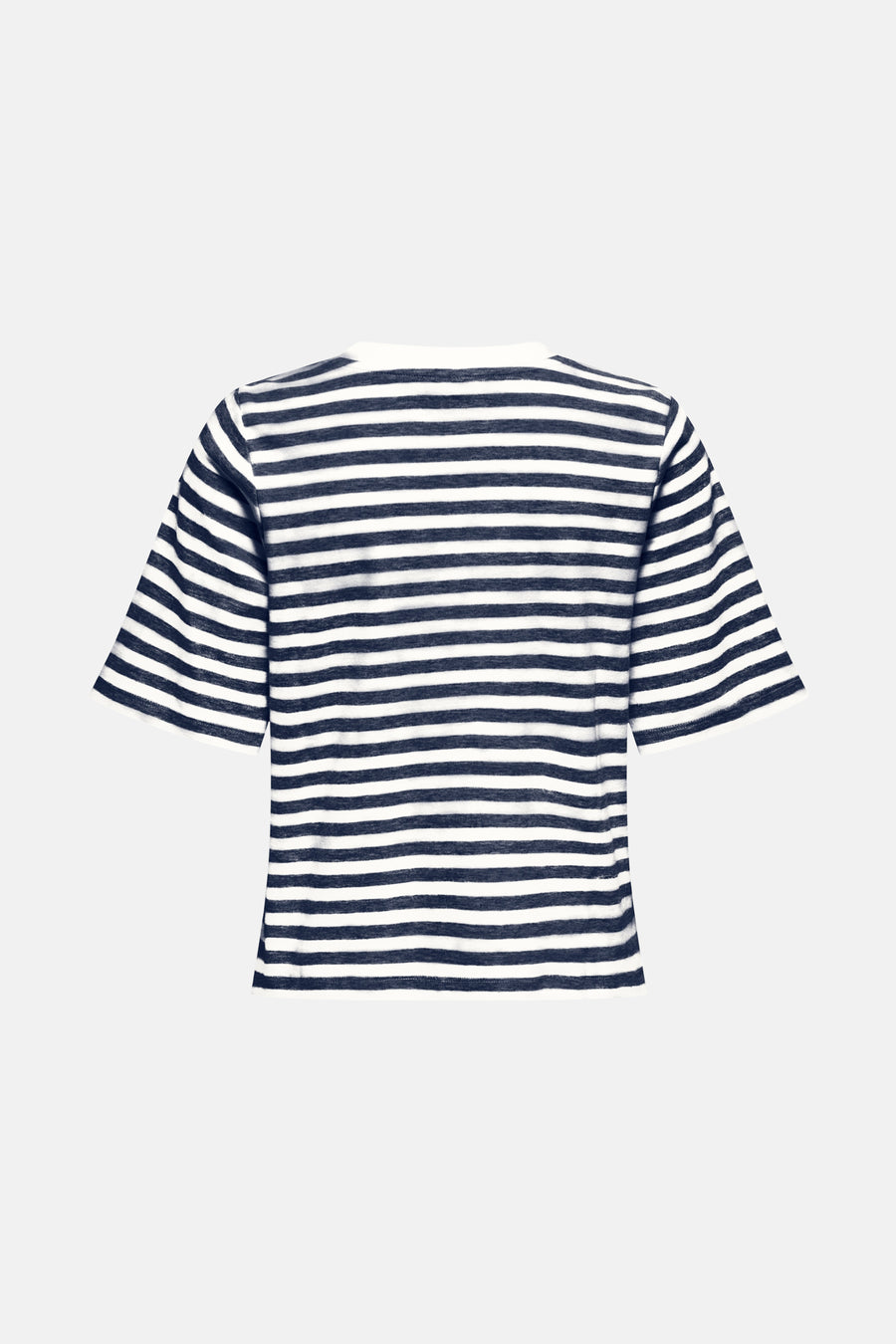 T-shirt à manches courtes bleu rayé by ONLY®, avec des rayures horizontales bleu marine et blanches.