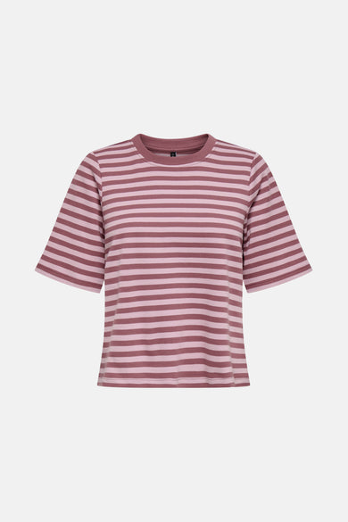 Roze T-shirt met korte mouwen en strepen van ONLY, met bordeauxrode en roze strepen.