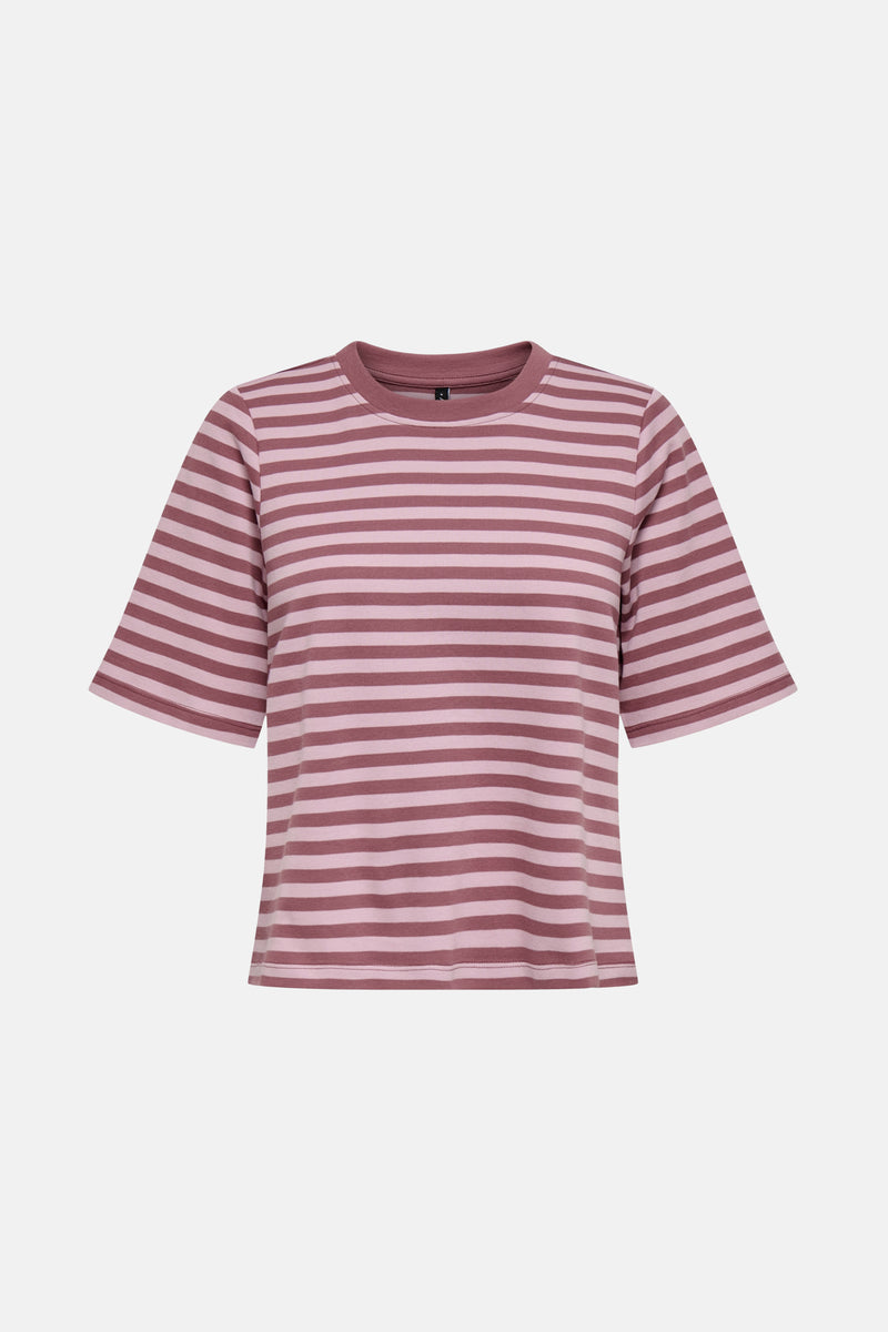 Roze T-shirt met korte mouwen en strepen van ONLY, met bordeauxrode en roze strepen.