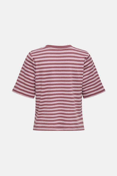 T-shirt à manches courtes rose rayé de ONLY, avec des rayures bordeaux et roses.