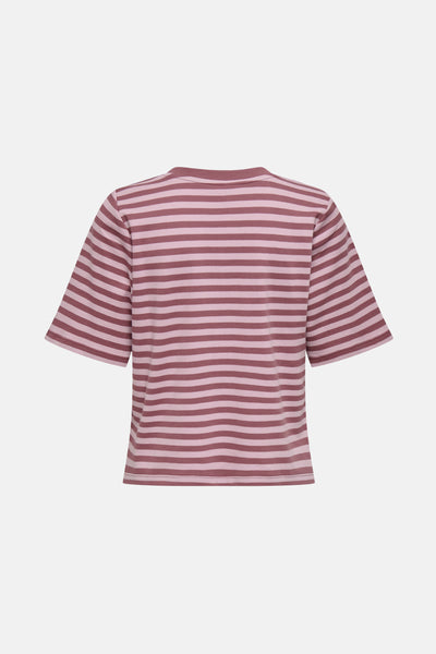 T-shirt à manches courtes rose rayé de ONLY, avec des rayures bordeaux et roses.