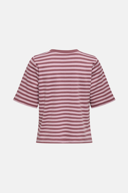 T-shirt à manches courtes rose rayé de ONLY, avec des rayures bordeaux et roses.