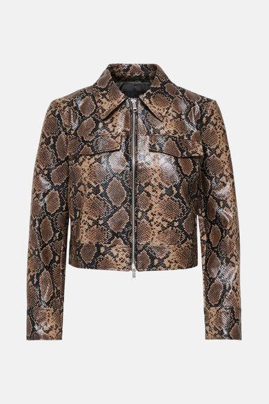 Korte meerkleurige jas van ONLY, met slangenprint, zilveren ritssluiting en klepzakken.
