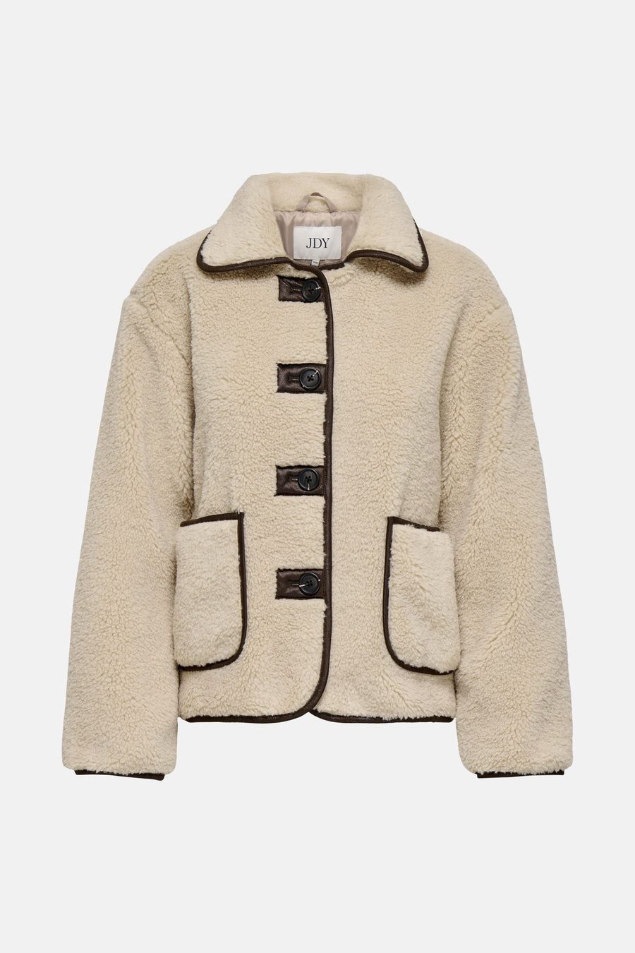 Veste courte écru de JDY avec des poches plaquées et une bordure marron contrastante.