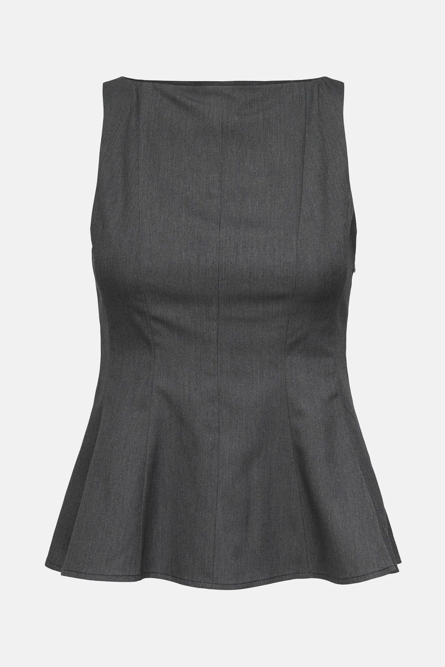 Grijze blouse van ONLY, peplum-snit, mouwloos, met een discrete textuur en een effen achtergrond.