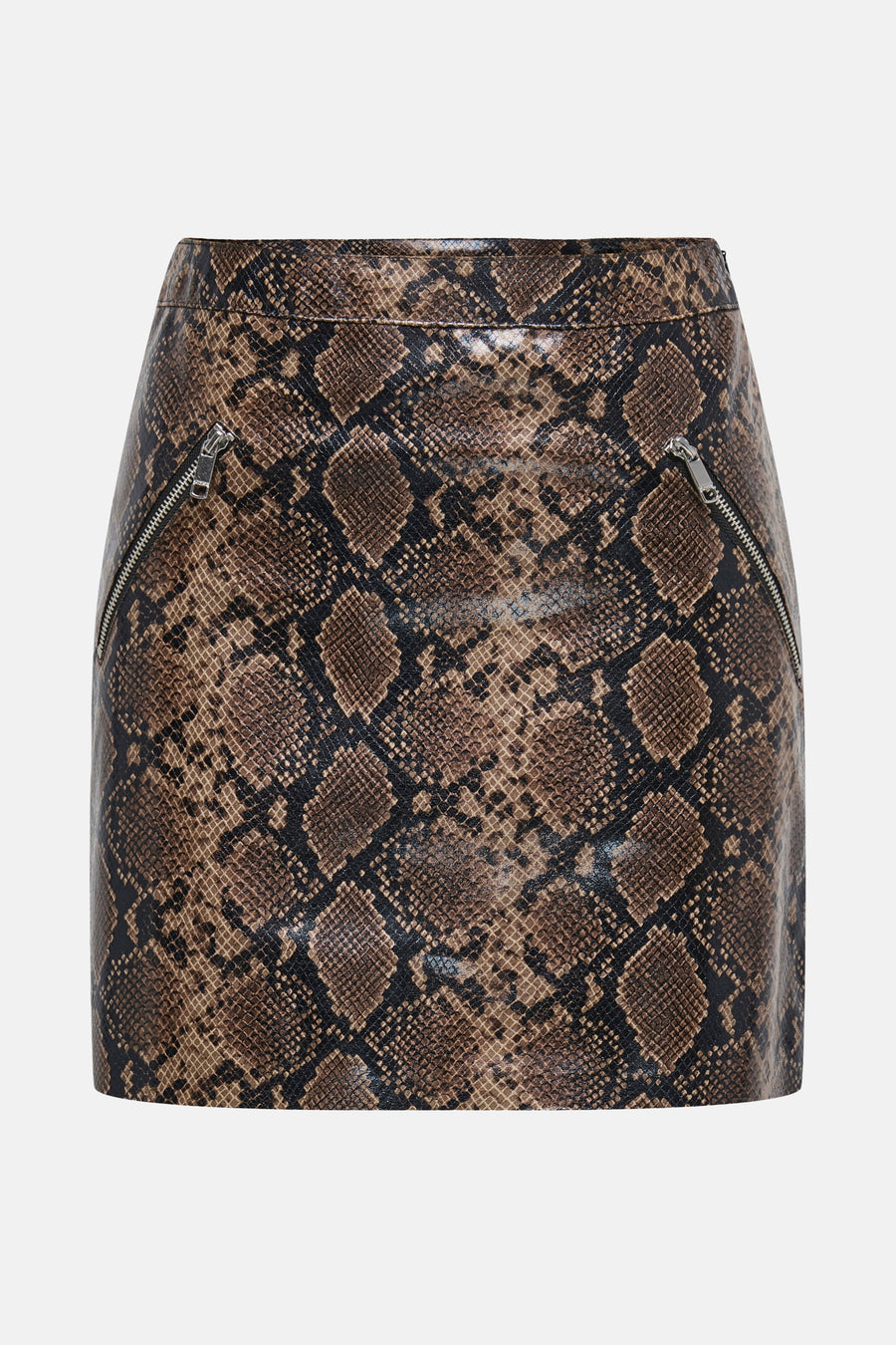 Korte bruine rok met slangenleereffect, van ONLY, met een glanzende textuur en een gedetailleerd reptielenpatroon.