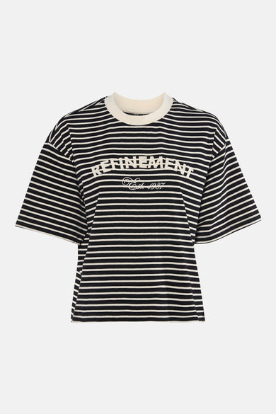 Multikleurig T-shirt met korte mouwen van JDY, horizontaal gestreept in zwart en wit, met een crèmekleurige ronde hals.
