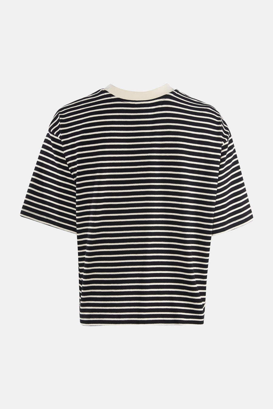 T-shirt à manches courtes multicolore de JDY, rayé horizontalement en noir et blanc, avec un col rond couleur crème.