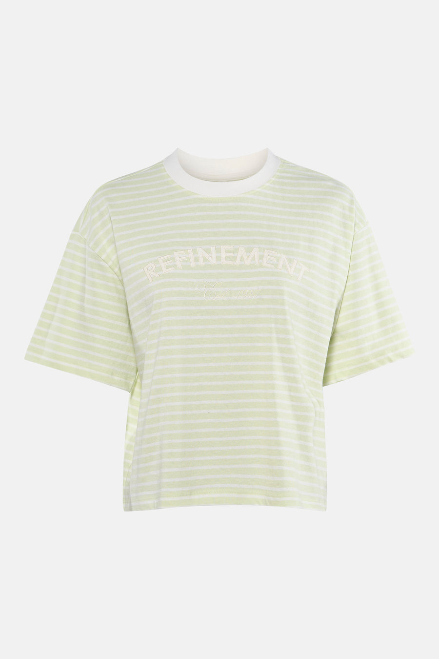 T-shirt à manches courtes vert à rayures par JDY, avec un col rond blanc et un lettrage brodé.
