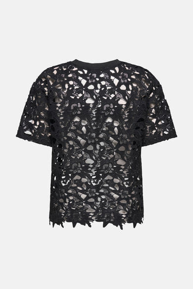 T-shirt noir uni à manches courtes de JDY, en dentelle florale ajourée, coupe décontractée.
