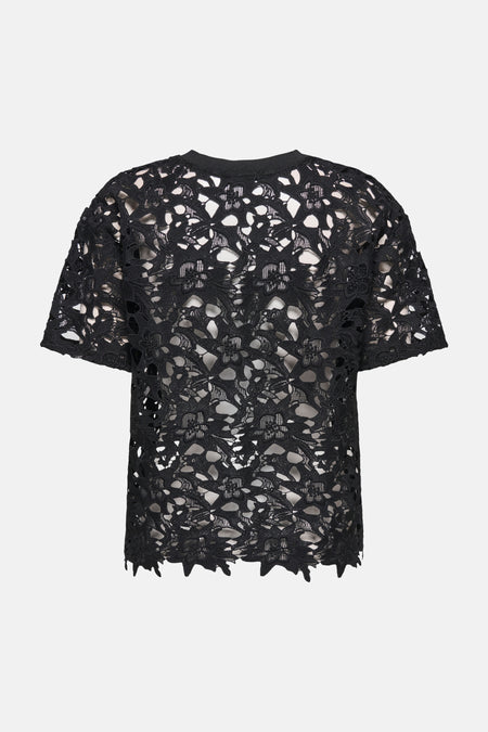 T-shirt noir uni à manches courtes de JDY, en dentelle florale ajourée, coupe décontractée.
