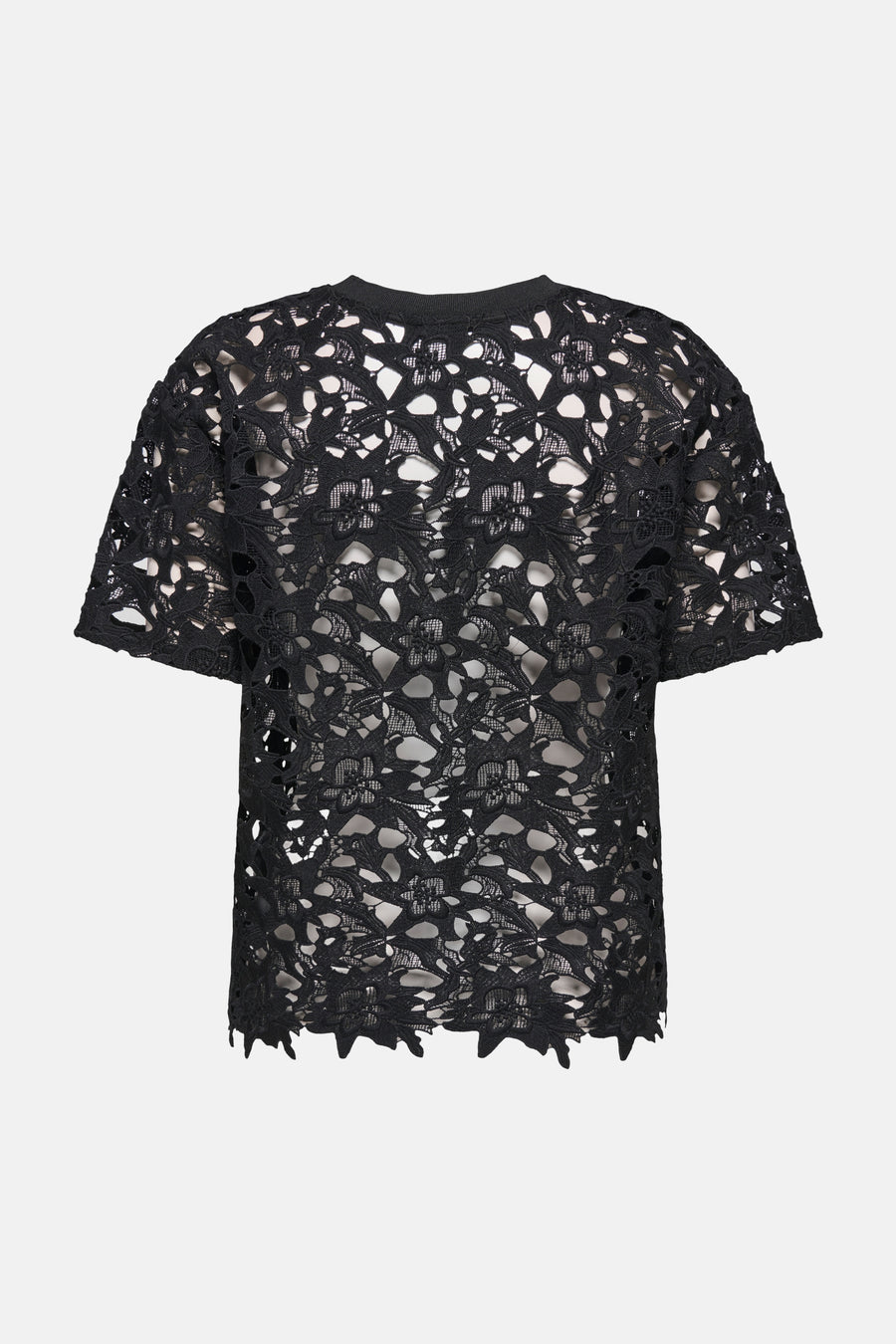 T-shirt noir uni à manches courtes de JDY, en dentelle florale ajourée, coupe décontractée.

