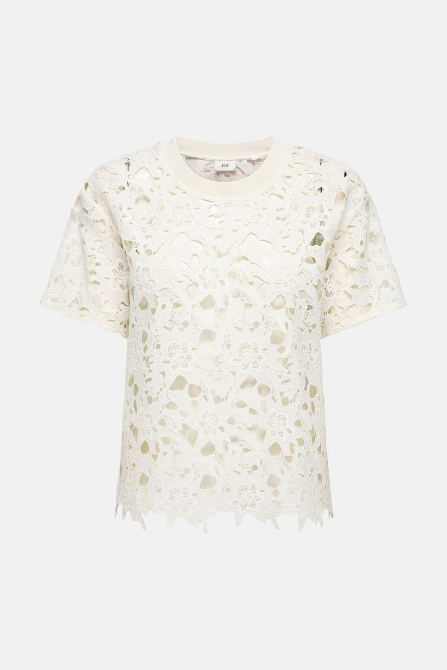 T-shirt blanc en dentelle de JDY, à manches courtes et motif floral ajouré.