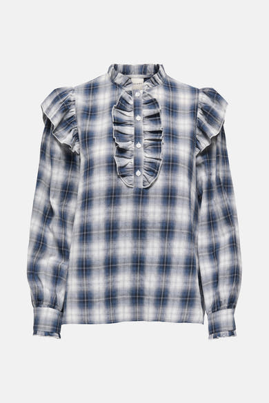 Chemisier à manches longues bleu de ONLY®, à carreaux, avec col montant et volants.