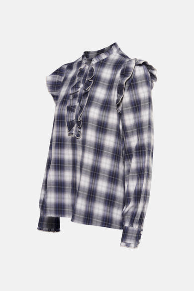 Blouse met lange mouwen in blauw ruitpatroon van ONLY, met decoratieve ruches aan de voorkant en op de schouders.