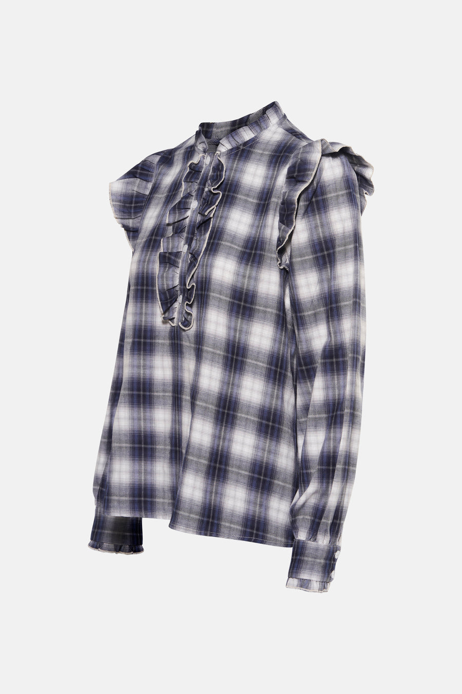 Blouse met lange mouwen in blauw ruitpatroon van ONLY, met decoratieve ruches aan de voorkant en op de schouders.