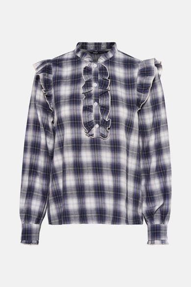 Blouse met lange mouwen in blauw ruitpatroon van ONLY, met ruches aan de voorkant en op de schouders.
