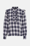 Blouse met lange mouwen in blauw ruitpatroon van ONLY, met ruches aan de voorkant en op de schouders.