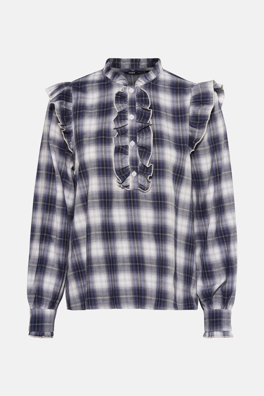 Blouse met lange mouwen in blauw ruitpatroon van ONLY, met ruches aan de voorkant en op de schouders.