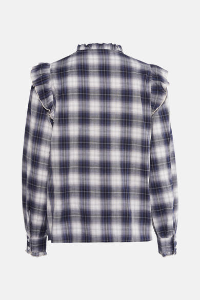 Blouse blauw geruit ONLY®, met ruches op de schouders en manchetten.
