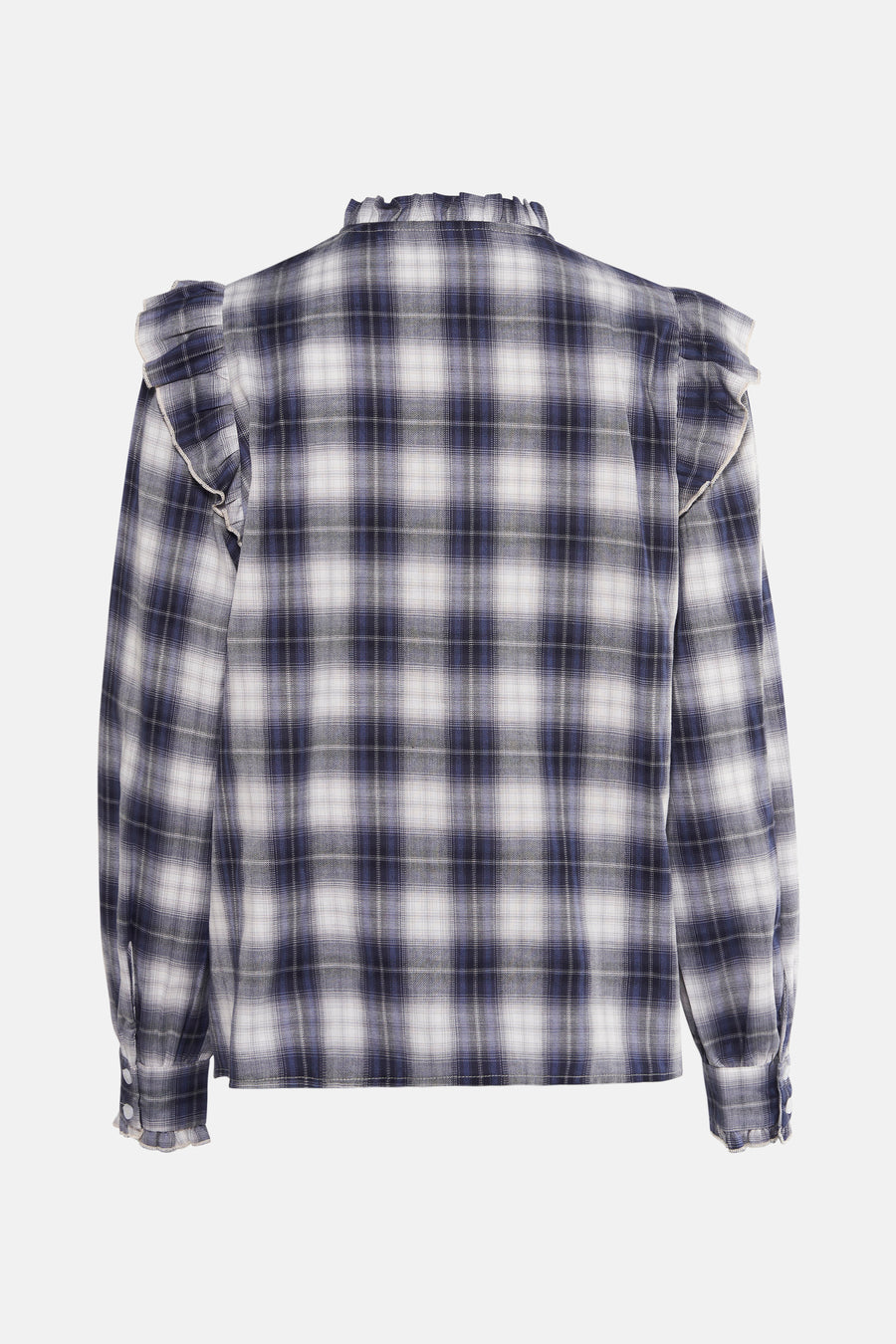 Blouse blauw geruit ONLY®, met ruches op de schouders en manchetten.