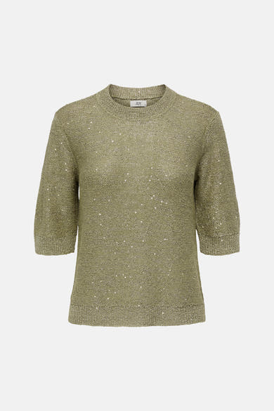 Pull col rond vert de JDY avec des détails scintillants et une texture tricotée.