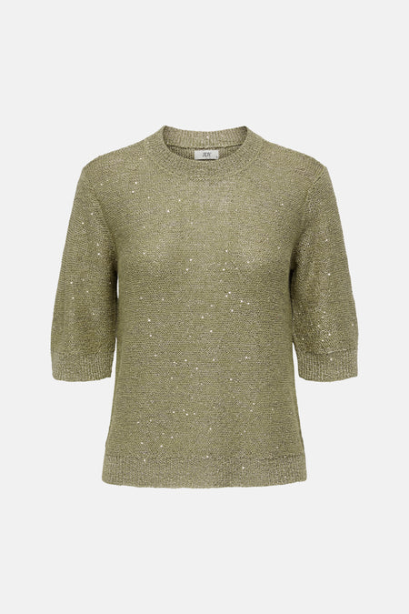 Pull col rond vert de JDY avec des détails scintillants et une texture tricotée.