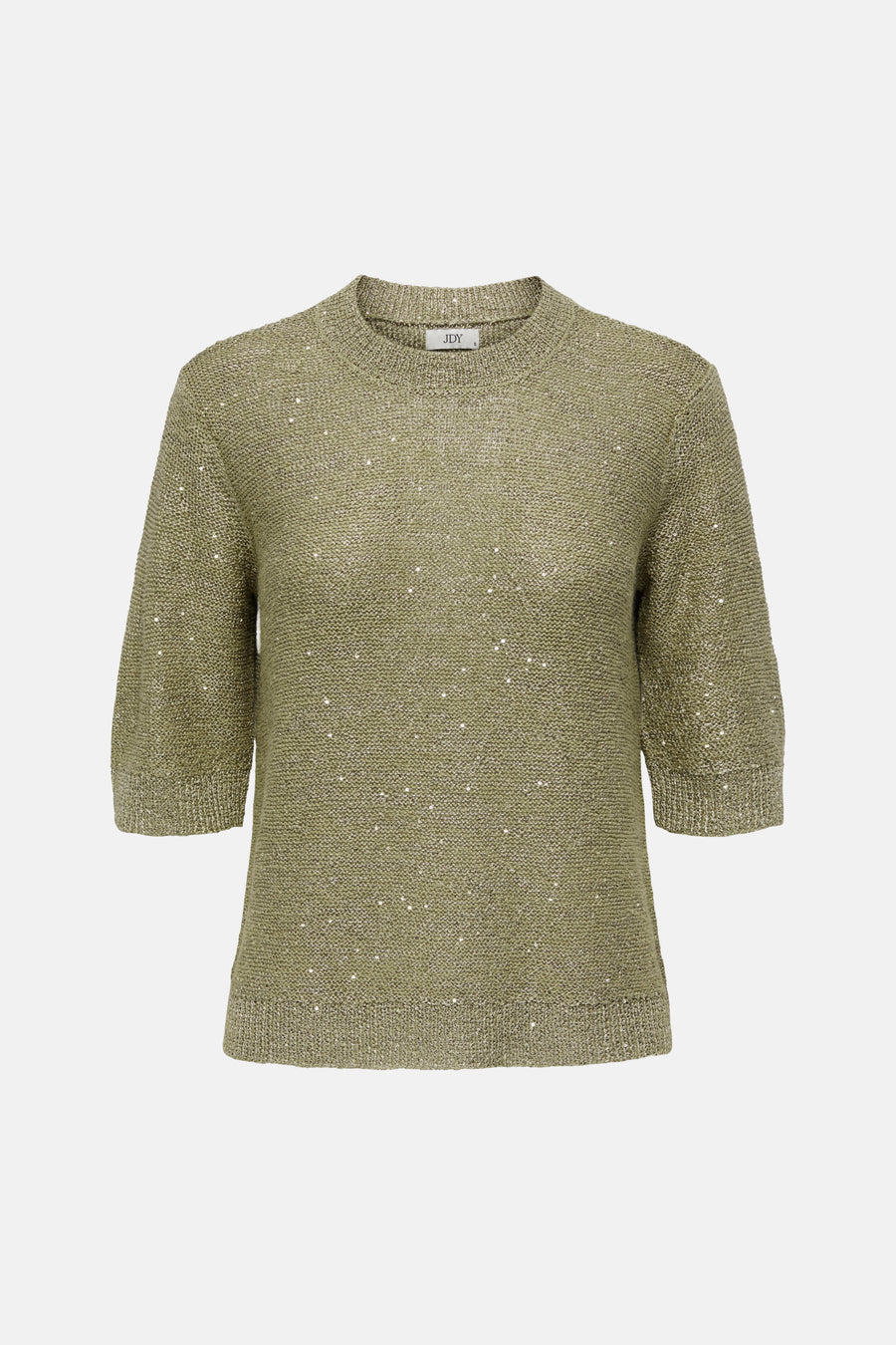 Pull col rond vert de JDY avec des détails scintillants et une texture tricotée.