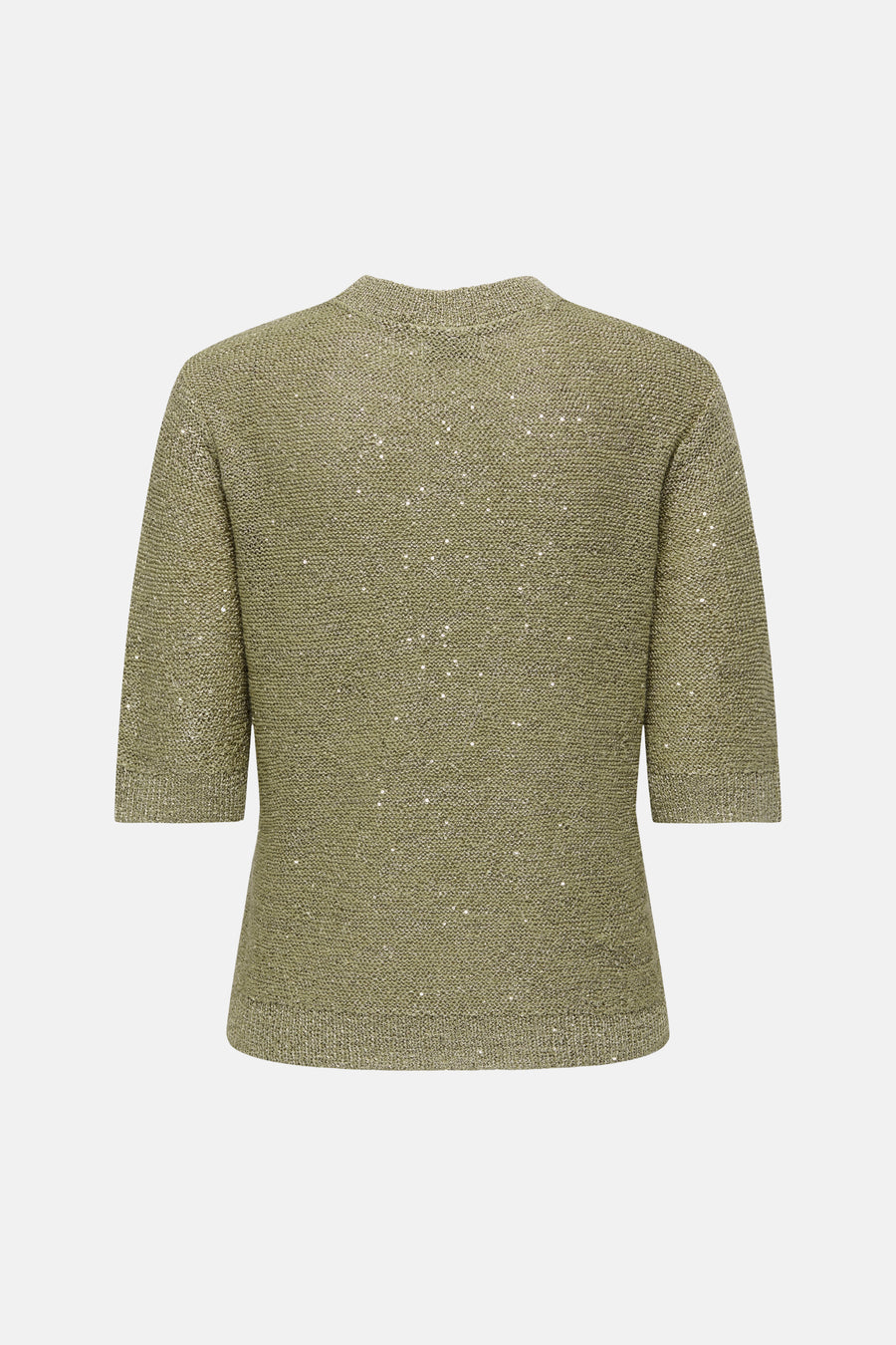 Pull col rond vert de JDY avec une texture tricotée et des détails scintillants.