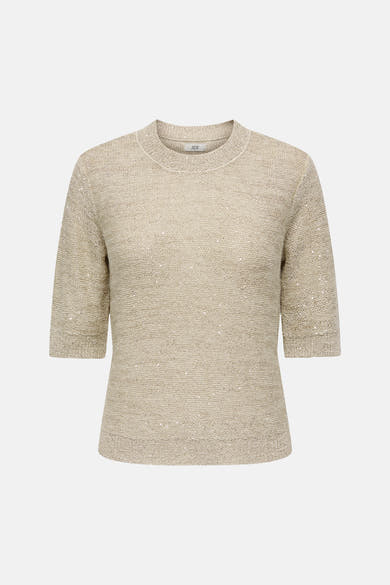 Pull col rond beige de JDY, en maille texturée avec des détails scintillants discrets.