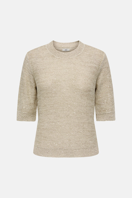 Pull col rond beige de JDY, en maille texturée avec des détails scintillants discrets.
