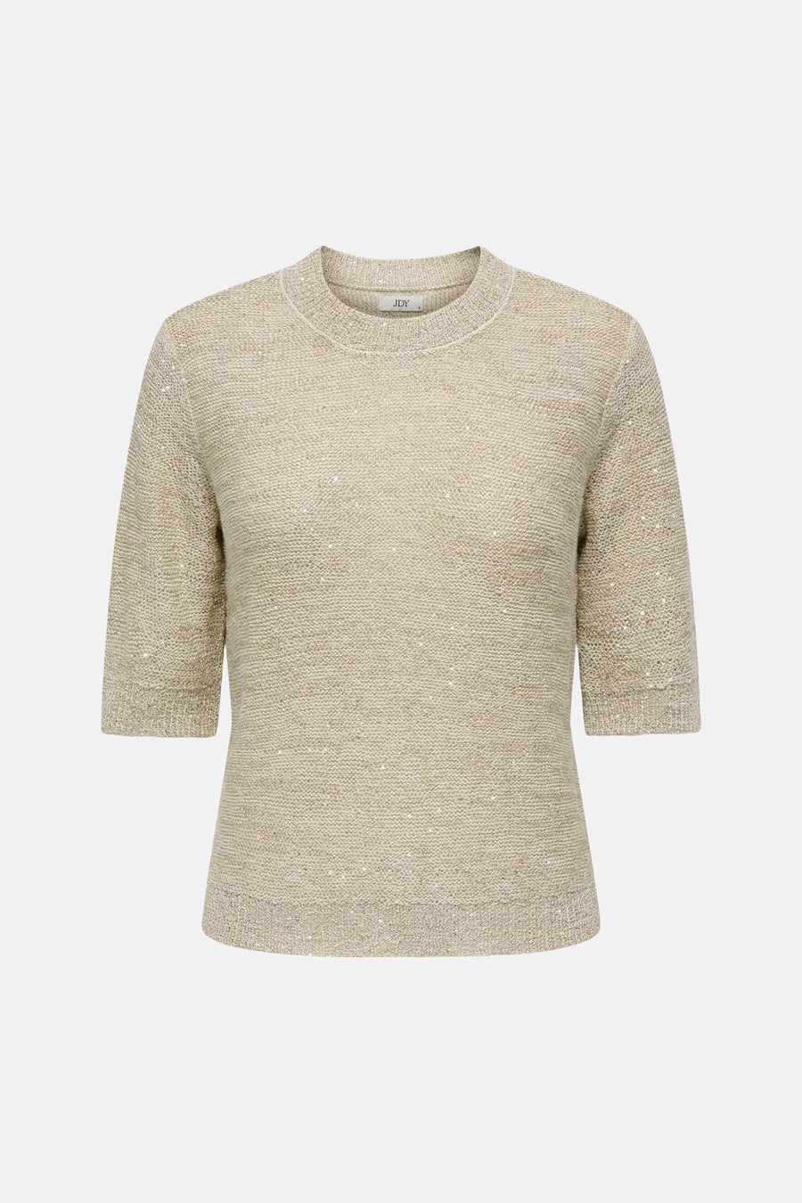 Pull col rond beige de JDY, en maille texturée avec des détails scintillants discrets.