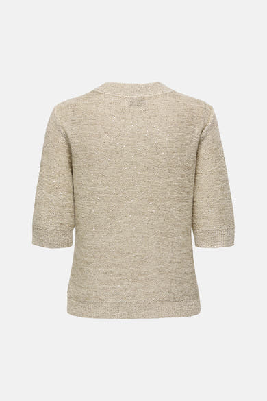 Pull col rond beige de JDY, à manches trois-quarts et texture légèrement pailletée.
