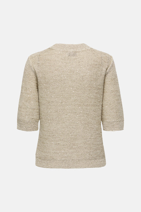 Pull col rond beige de JDY, à manches trois-quarts et texture légèrement pailletée.
