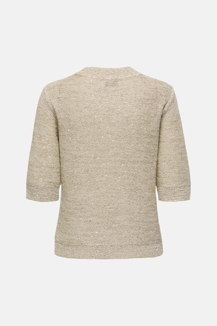 Pull col rond beige de JDY, à manches trois-quarts et texture légèrement pailletée.
