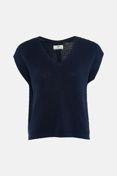 T-shirt bleu marine de JDY, tricoté à col en V et sans manches, avec des mailles ajourées.