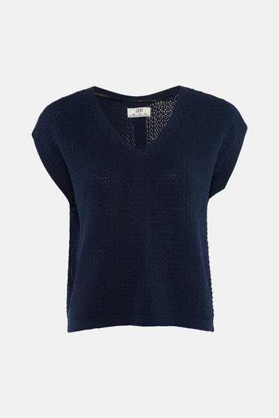 T-shirt bleu marine de JDY, tricoté à col en V et sans manches, avec des mailles ajourées.