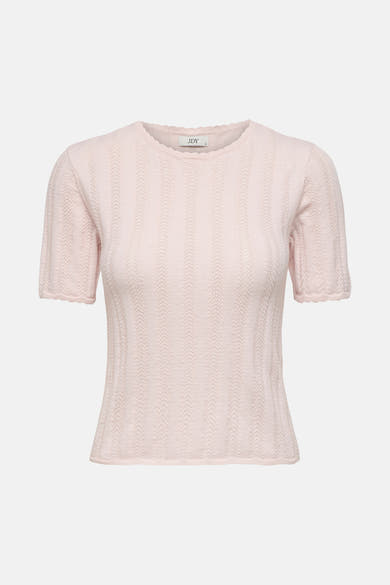 Lichtroze T-shirt met korte mouwen van JDY, van achteren gezien, met verticaal ajourpatroon en geschulpte randen.