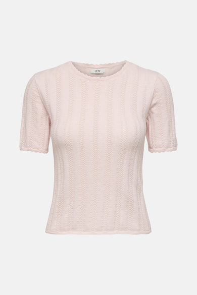 Lichtroze T-shirt met korte mouwen van JDY, van achteren gezien, met verticaal ajourpatroon en geschulpte randen.