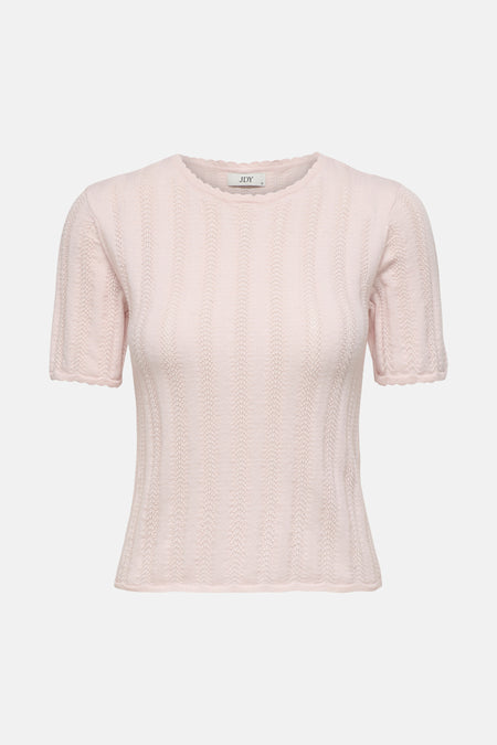 Pull rose pâle de JDY à manches courtes en maille ajourée, col rond et bords festonnés.