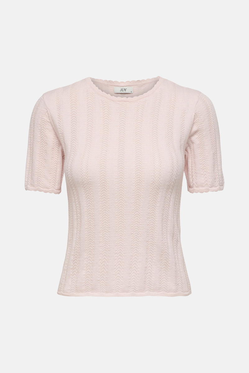 Lichtroze T-shirt met korte mouwen van JDY, van achteren gezien, met verticaal ajourpatroon en geschulpte randen.