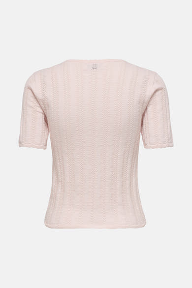 Pull rose pâle à manches courtes de JDY, vu de dos, avec motif ajouré vertical et bords festonnés.