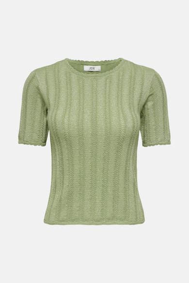 Pull vert à col O de JDY en maille ajourée brillante, avec manches courtes et bords festonnés.