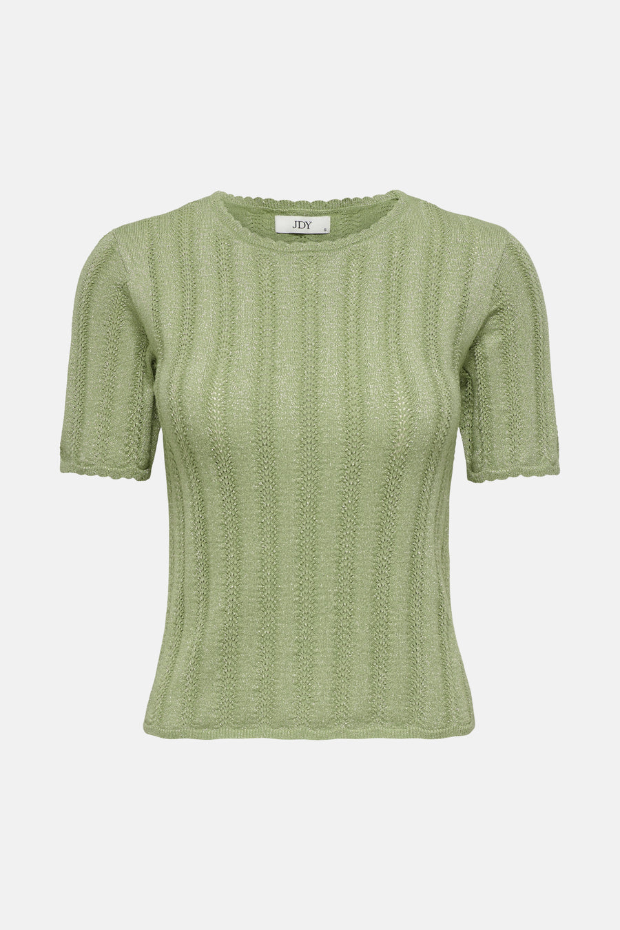 Pull vert à col O de JDY en maille ajourée brillante, avec manches courtes et bords festonnés.