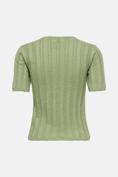 Pull vert en maille de JDY, à manches courtes, col et ourlets festonnés, motif ajouré vertical, vue de dos.