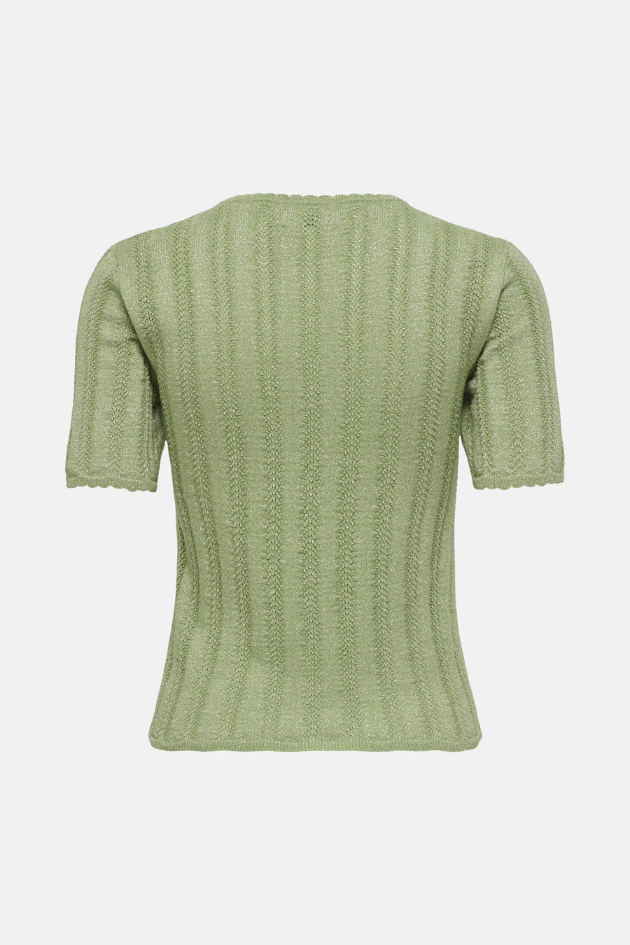 Pull vert en maille de JDY, à manches courtes, col et ourlets festonnés, motif ajouré vertical, vue de dos.